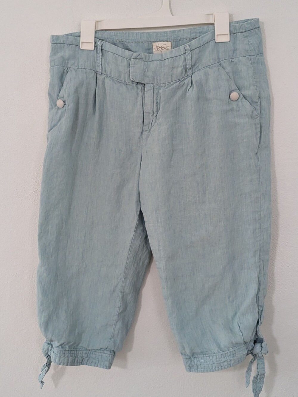 Anthropologie Cidra 100% Linen Crop Pants Capri Tie Cuff Mid Rise Light Blue 12